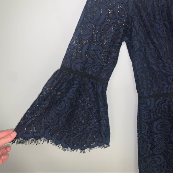 Freda Marie Lace Romper Off-The-Shoulder Navy Black Bell Sleeves Size  Medium‎ - Picture 6 of 11